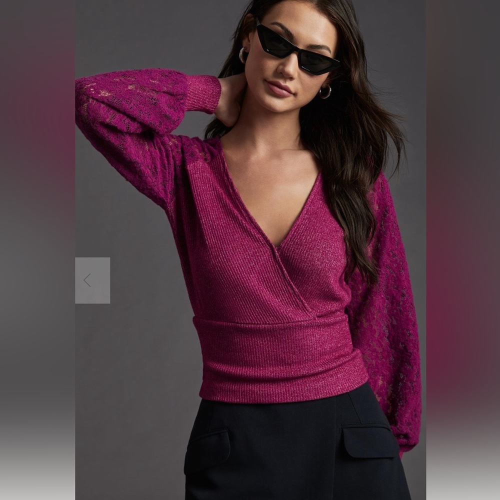 By Anthropologie Lace-Sleeve Sweater Top